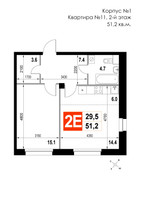 Планировка двухкомнатной(квартира) площадью 51.2 квадратных метров в “ЖК Мытищи Сити”