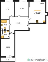 Планировка трехкомнатной(квартира) площадью 79 квадратных метров в “ЖК Родные кварталы”