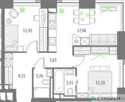 Планировка двухкомнатной(квартира) площадью 58.66 квадратных метров в “ЖК Upside Towers (Апсайд Тауэрс)”