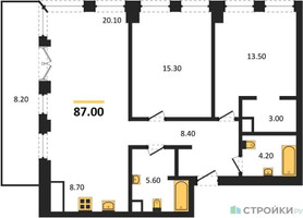 Планировка двухкомнатной(квартира) площадью 87 квадратных метров в “ЖК Emotion (Эмоушен)”