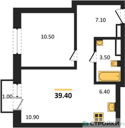 Планировка однокомнатной(квартира) площадью 39.4 квадратных метров в ЖК “ЖК Квартал Метроном”