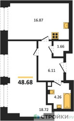 Планировка однокомнатной(квартира) площадью 48.68 квадратных метров в ЖК “ЖК Sezar City (Сезар Сити)”