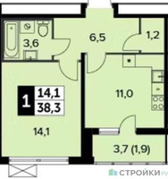 Планировка однокомнатной(квартира) площадью 38.2 квадратных метров в “ЖК 1-й Ленинградский (Первый Ленинградский)”