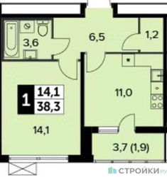 Планировка однокомнатной(квартира) площадью 38.2 квадратных метров в ЖК “ЖК 1-й Ленинградский (Первый Ленинградский)”