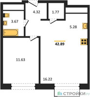 Планировка однокомнатной(квартира) площадью 42.89 квадратных метров в “ЖК Новоград Павлино”