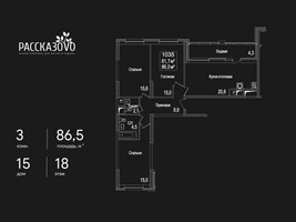 Планировка трехкомнатной(квартира) площадью 86.5 квадратных метров в “ЖК Рассказово”