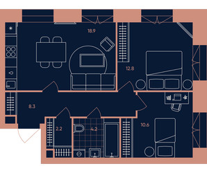 Планировка трехкомнатной(квартира) площадью 57 квадратных метров в ЖК “Квартал Эра”