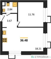 Планировка однокомнатной(апартаменты) площадью 36.48 квадратных метров в “ЖК N’ICE LOFT (Найс Лофт)”
