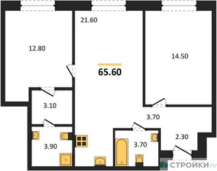 Планировка двухкомнатной(квартира) площадью 65.6 квадратных метров в ЖК “ЖК Квартал Метроном”