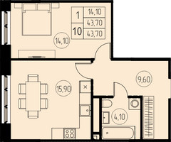 Планировка однокомнатной(квартира) площадью 43.7 квадратных метров в “ЖК 7 Небо (Седьмое Небо)”