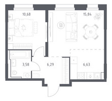 Планировка однокомнатной(квартира) площадью 43.02 квадратных метров в “ЖК Квартал Строгино”