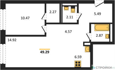 Планировка однокомнатной(квартира) площадью 49.29 квадратных метров в ЖК “ЖК Молжаниново”