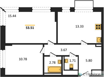 Планировка двухкомнатной(квартира) площадью 53.51 квадратных метров в ЖК “ЖК Квартал Марьино”