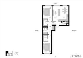 Планировка трехкомнатной(квартира) площадью 92 квадратных метров в “ЖК Мытищи Сити”