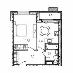 Планировка однокомнатной(квартира) площадью 35 квадратных метров в ЖК “ЖК Квартал Светлый”