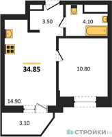 Планировка однокомнатной(квартира) площадью 34.85 квадратных метров в “ЖК ВОСТОК II”