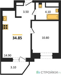 Планировка однокомнатной(квартира) площадью 34.85 квадратных метров в ЖК “ЖК ВОСТОК II”