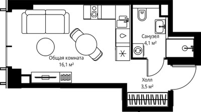 Планировка студии(квартира) площадью 23.7 квадратных метров в ЖК “ЖК Веер”