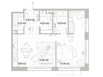 Планировка однокомнатной(квартира) площадью 62.47 квадратных метров в ЖК “Архитектурный проект Мыс”