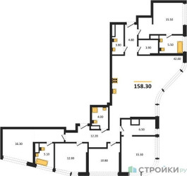 Планировка 4+ комнатной(квартира) площадью 158.3 квадратных метров в ЖК “ЖК Остров”