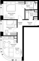 Планировка двухкомнатной(квартира) площадью 57.08 квадратных метров в ЖК “ЖК Веер”