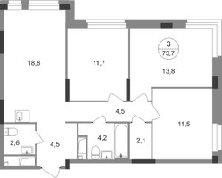 Планировка трехкомнатной(квартира) площадью 73.7 квадратных метров в “ЖК Первый Московский”