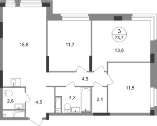 Планировка трехкомнатной(квартира) площадью 73.7 квадратных метров в ЖК “ЖК Первый Московский”