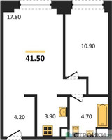 Планировка однокомнатной(квартира) площадью 41.5 квадратных метров в “ЖК Voice Towers (Войс Тауэрс)”