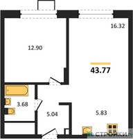 Планировка однокомнатной(квартира) площадью 43.77 квадратных метров в “ЖК Новоград Павлино”