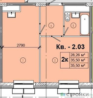 Планировка однокомнатной(квартира) площадью 35.5 квадратных метров в “ЖК Радость (Радумля Парк)”