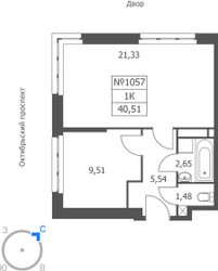 Планировка однокомнатной(апартаменты) площадью 40.51 квадратных метров в ЖК “ЖК Волковская 67”