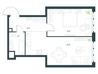 Планировка однокомнатной(квартира) площадью 47.7 квадратных метров в ЖК “ЖК Левел Южнопортовая”
