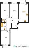 Планировка трехкомнатной(квартира) площадью 72.79 квадратных метров в “ЖК Квартал Домашний”