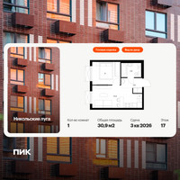 Планировка однокомнатной(квартира) площадью 30.9 квадратных метров в “ЖК Никольские луга”