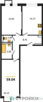 Планировка двухкомнатной(квартира) площадью 59.04 квадратных метров в “ЖК Остафьево”