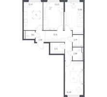 Планировка трехкомнатной(квартира) площадью 77.73 квадратных метров в “ЖК Пригород Лесное”