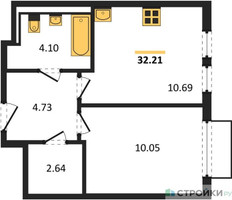 Планировка однокомнатной(квартира) площадью 32.21 квадратных метров в “ЖК Пригород Лесное”