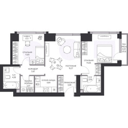 Планировка двухкомнатной(квартира) площадью 64.2 квадратных метров в ЖК “ЖК Hide (Хайд)”