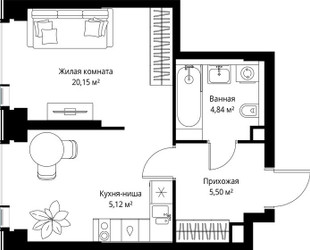 Планировка однокомнатной(квартира) площадью 35.61 квадратных метров в ЖК “Мультиквартал СИТИДЗЕН”