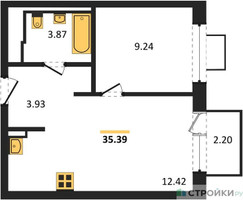 Планировка однокомнатной(квартира) площадью 35.39 квадратных метров в “ЖК Подольские кварталы”