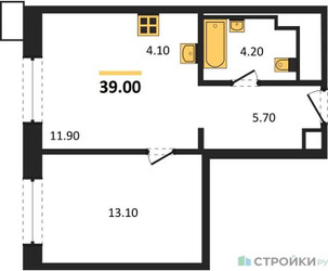 Планировка однокомнатной(апартаменты) площадью 39 квадратных метров в ЖК “ЖК Верейская 41”