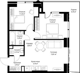Планировка двухкомнатной(квартира) площадью 66.3 квадратных метров в ЖК “ЖК Джойс”