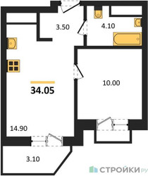 Планировка однокомнатной(квартира) площадью 34.05 квадратных метров в ЖК “ЖК ВОСТОК II”