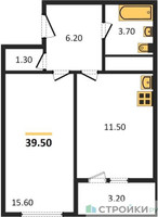 Планировка однокомнатной(квартира) площадью 39.5 квадратных метров в “ЖК Карамельный”