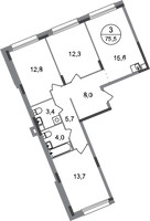 Планировка трехкомнатной(квартира) площадью 75.5 квадратных метров в “ЖК Переделкино Ближнее”