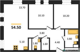 Планировка двухкомнатной(квартира) площадью 54.5 квадратных метров в “ЖК Квартал на воде (Графика на воде)”