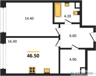 Планировка однокомнатной(квартира) площадью 46.5 квадратных метров в ЖК “ЖК Нагатино Ай-Лэнд”