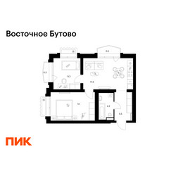 Планировка двухкомнатной(квартира) площадью 51.1 квадратных метров в ЖК “ЖК Восточное Бутово”