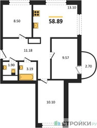 Планировка трехкомнатной(квартира) площадью 58.89 квадратных метров в ЖК “ЖК ВОСТОК II”