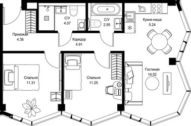 Планировка двухкомнатной(квартира) площадью 58.61 квадратных метров в ЖК “Дом премиум-класса МИРА”